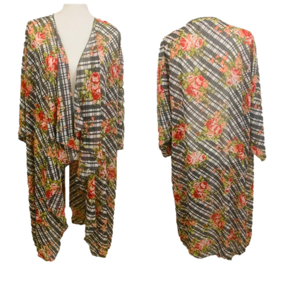 Lularoe Shirley Boho Plaid Floral Sheer Kimono Cover Up Size L - Picture 1 of 4